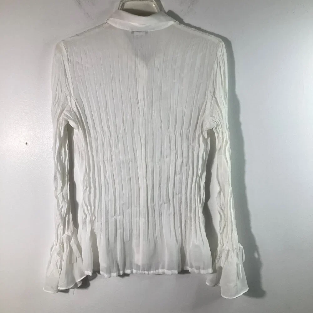 Womens Vintage Notations Crinkle Bow Bead‎ Button Shirt Bell Sleeve M White - Picture 2 of 9